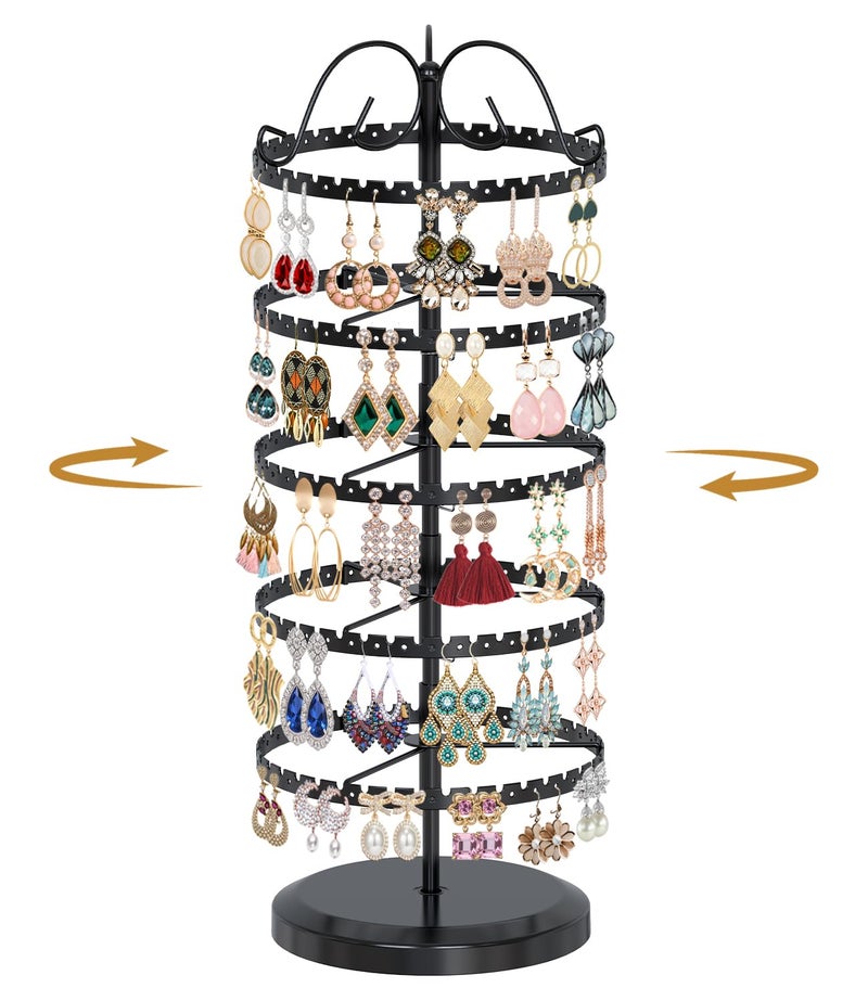 MODOWEY 5 Tier Rotating Earring Holder Organizer Stand Adjustable Metal Display Tree Rack for Women 400 Holes Grooves Large Storage for Pierced Stud Dangle Hoop Compact for Small Dresser Black