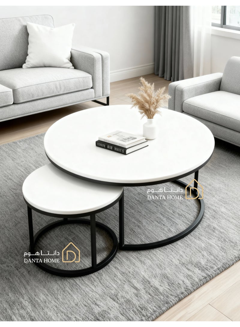 DANTA HOME Nesting Coffee Table Set (2 Pieces) - Modern Round Design Combining Wood and Metal, Perfect for Living Room and Guest Room - White - Image 1
