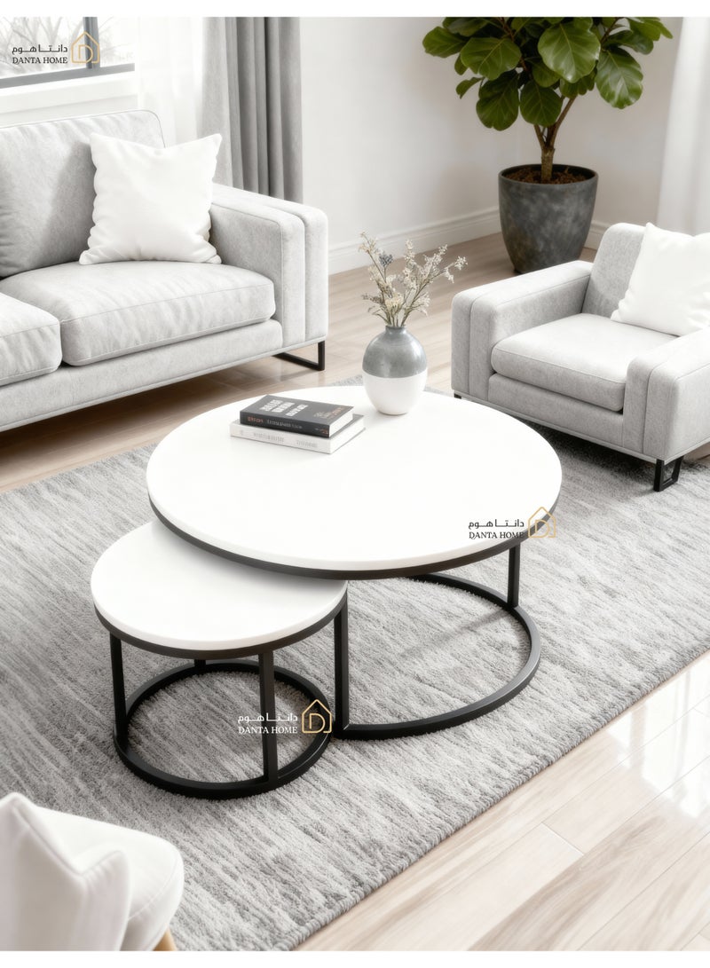 DANTA HOME Nesting Coffee Table Set (2 Pieces) - Modern Round Design Combining Wood and Metal, Perfect for Living Room and Guest Room - White - Image 2