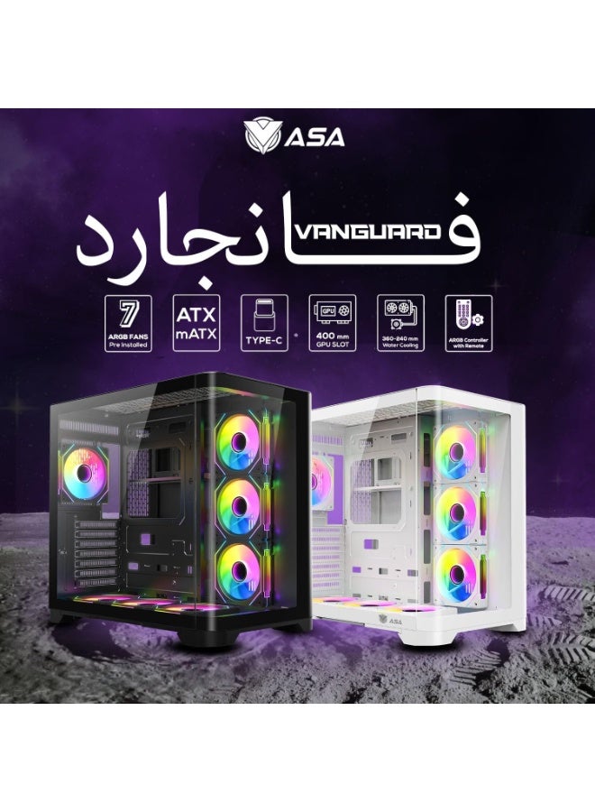 أيه أس أيه كيس كمبيوتر للألعاب ASA – زجاج جانبي شفاف، دعم تبريد حتى 7 مراوح 120 مم، متوافق مع ATX / Micro-ATX / Mini-ITX، دعم بطاقات رسومات حتى 400 مم، منافذ USB 3.0 وType-C – أبيض - Image 4