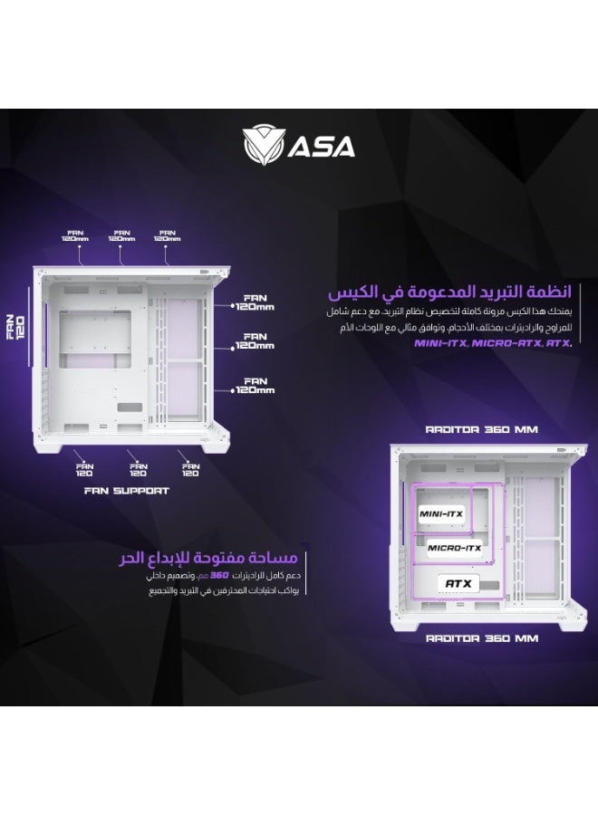 أيه أس أيه كيس كمبيوتر للألعاب ASA – زجاج جانبي شفاف، دعم تبريد حتى 7 مراوح 120 مم، متوافق مع ATX / Micro-ATX / Mini-ITX، دعم بطاقات رسومات حتى 400 مم، منافذ USB 3.0 وType-C – أبيض - Image 3