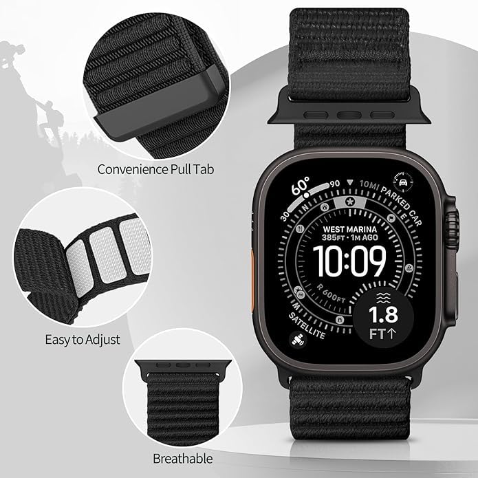 Printme Nylon Sport Band Compatible with Apple Watch Band 44mm 45mm 46mm 49mm 42mm, Stretchy Trail Strap Elastic belt for iWatch Series 11 10 9 8 7 6 5 4 SE Ultra / 2/3 (Black) - Image 3