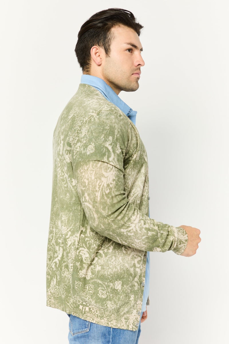 GAS كارديجان رجالي بأكمام طويلة مطبوع بالكامل على شكل V، أخضر/بيج - Image 3