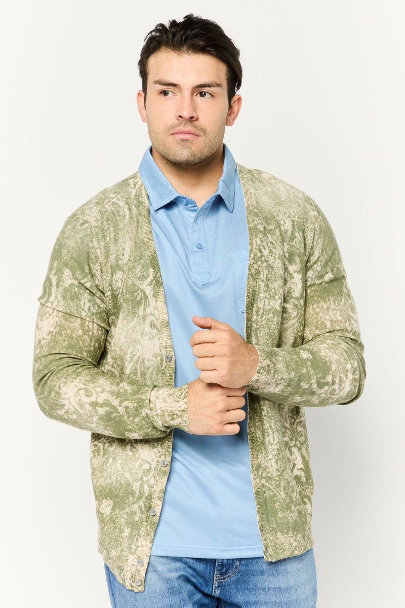 GAS كارديجان رجالي بأكمام طويلة مطبوع بالكامل على شكل V، أخضر/بيج - Image 1