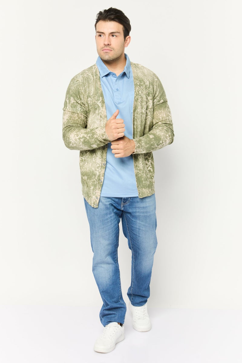 GAS كارديجان رجالي بأكمام طويلة مطبوع بالكامل على شكل V، أخضر/بيج - Image 2