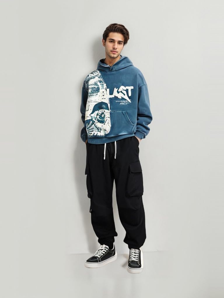 Obenie Retro Y2K Hoodie Gothic Casual Alphabet Blast Print Pattern Skull Fashion Hoodie Men Harajuku Men Clothing (blue,S,Small) - Image 4