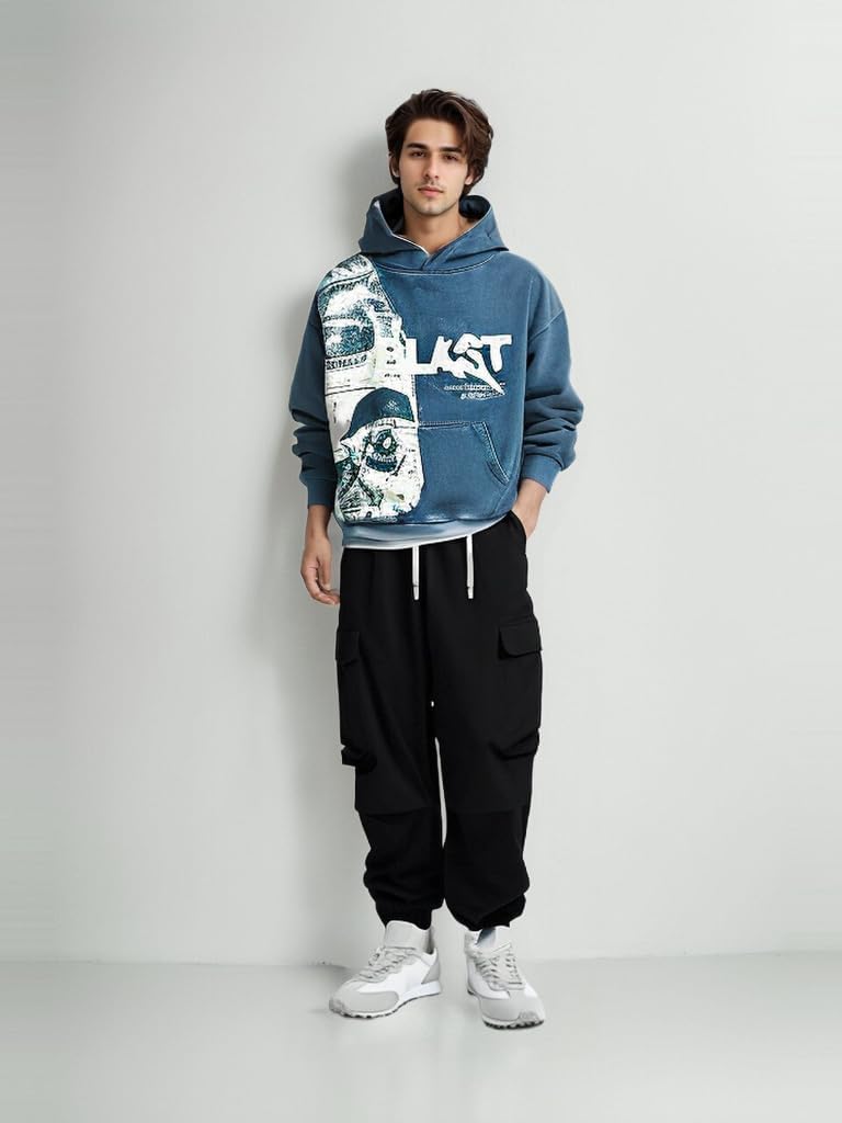 Obenie Retro Y2K Hoodie Gothic Casual Alphabet Blast Print Pattern Skull Fashion Hoodie Men Harajuku Men Clothing (blue,S,Small) - Image 3