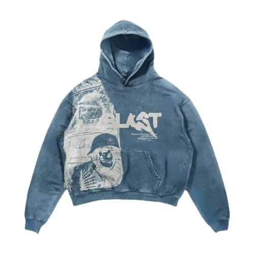 Obenie Retro Y2K Hoodie Gothic Casual Alphabet Blast Print Pattern Skull Fashion Hoodie Men Harajuku Men Clothing (blue,S,Small) - Image 2