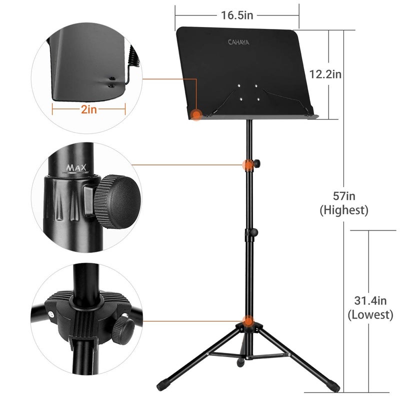CAHAYA 5 in 1 Dual-use Sheet Music Stand & Desktop Book Stand Metal Portable Solid Back Height Adjustable from 31.4-57in with Book Stand Support, Carrying Bag, Sheet Music Folder and Clip - Image 2