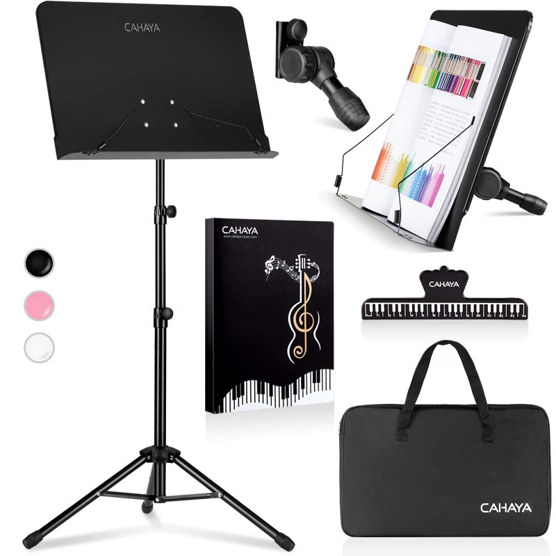 CAHAYA 5 in 1 Dual-use Sheet Music Stand & Desktop Book Stand Metal Portable Solid Back Height Adjustable from 31.4-57in with Book Stand Support, Carrying Bag, Sheet Music Folder and Clip - Image 1