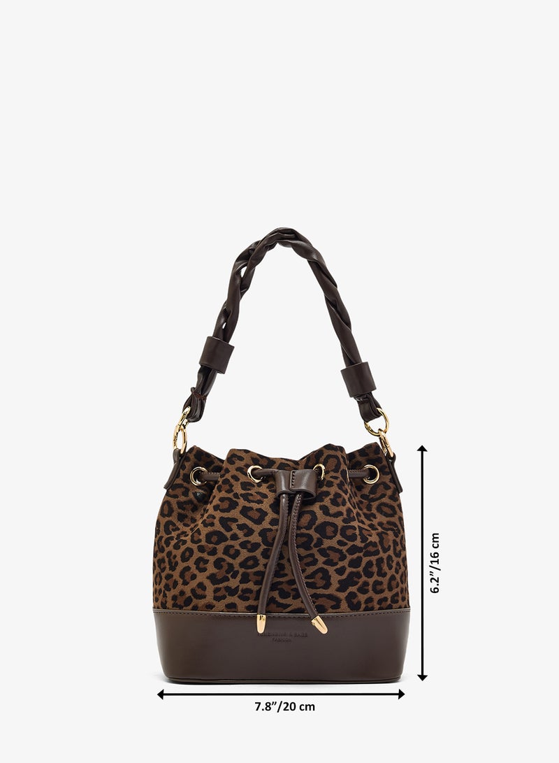 ELLA Suede Leopard Print Bucket Bag With Knot Handle - Image 5