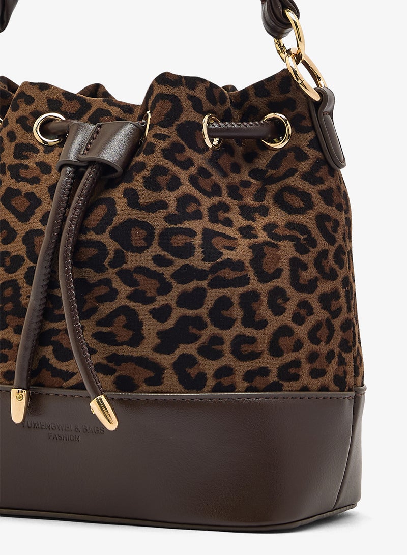 ELLA Suede Leopard Print Bucket Bag With Knot Handle - Image 3