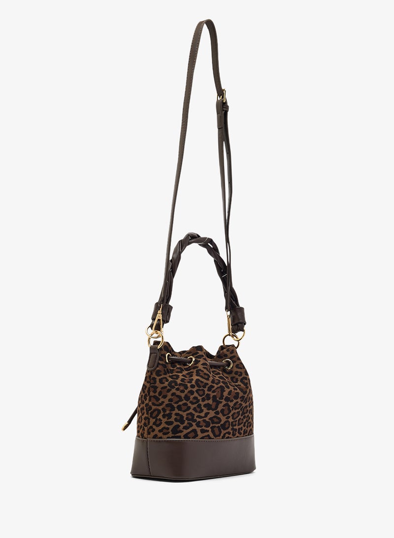 ELLA Suede Leopard Print Bucket Bag With Knot Handle - Image 2