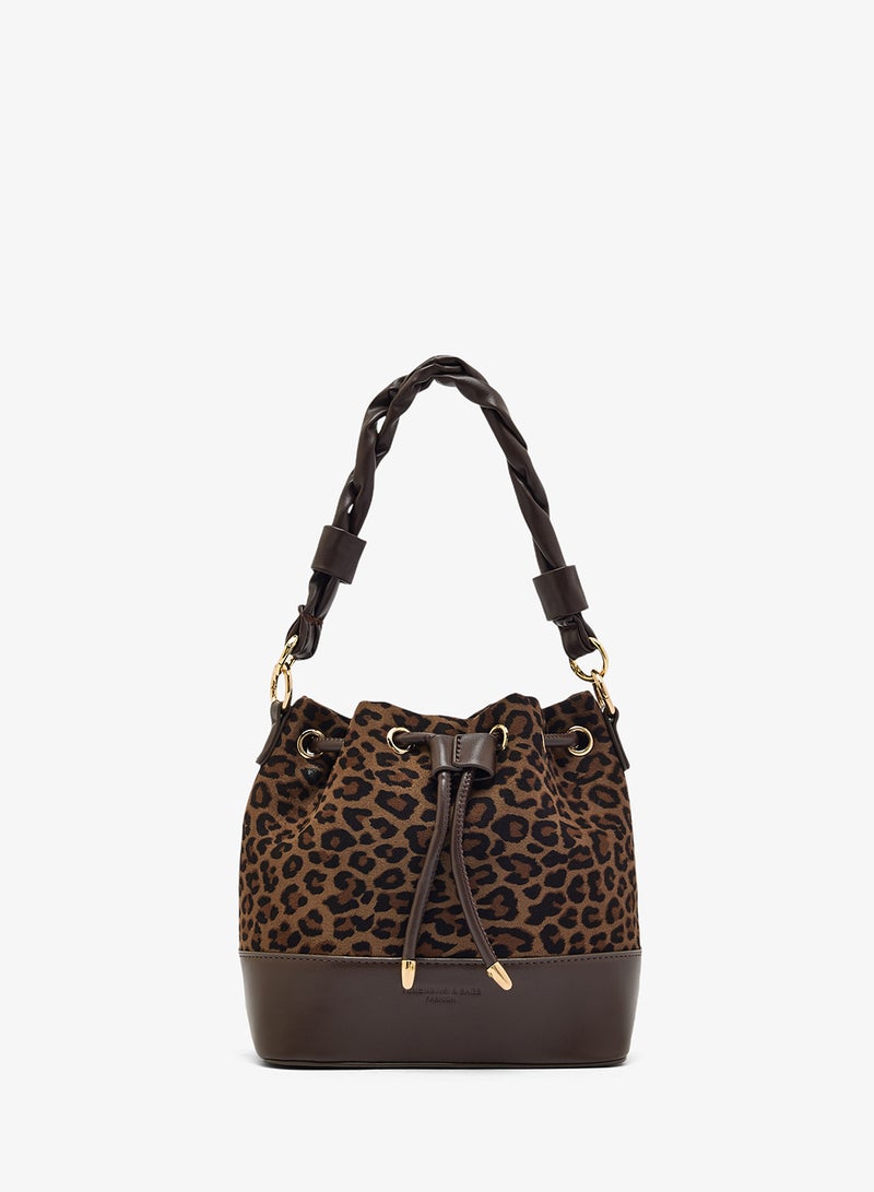 ELLA Suede Leopard Print Bucket Bag With Knot Handle - Image 1