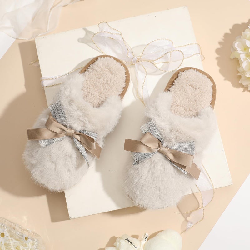 GOEWY Cute Womens Slippers Memory Foam Faux Fur House Slippers for Women Fuzzy Plush Comfy with Bow Butterfly Tie Anti-Skid House Shoes Indoor Outdoor Gifts for Women Mom Ladies - Image 3