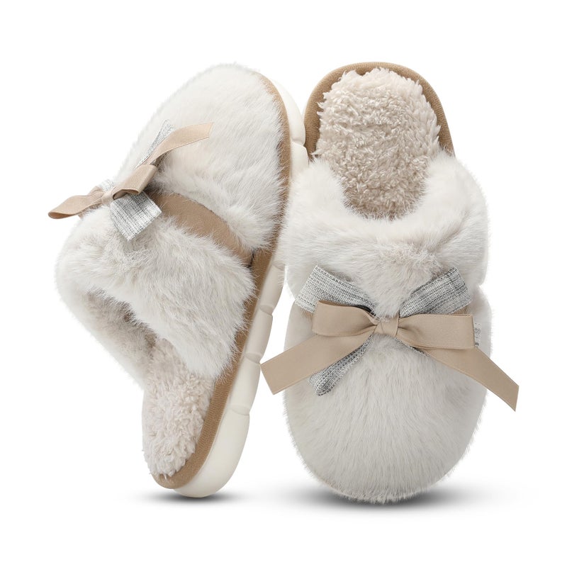 GOEWY Cute Womens Slippers Memory Foam Faux Fur House Slippers for Women Fuzzy Plush Comfy with Bow Butterfly Tie Anti-Skid House Shoes Indoor Outdoor Gifts for Women Mom Ladies - Image 1