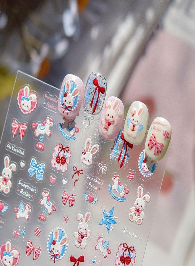 LIFOOST Easter Nail Art Stickers Rabbit Nail Decals Cute Cartoon Nail Stickers for Nails Art Self Adhesive 5D Embossed with Design Bow Horse Star Charm for Women Girls DIY Manicure Supplies Decoration - Image 1