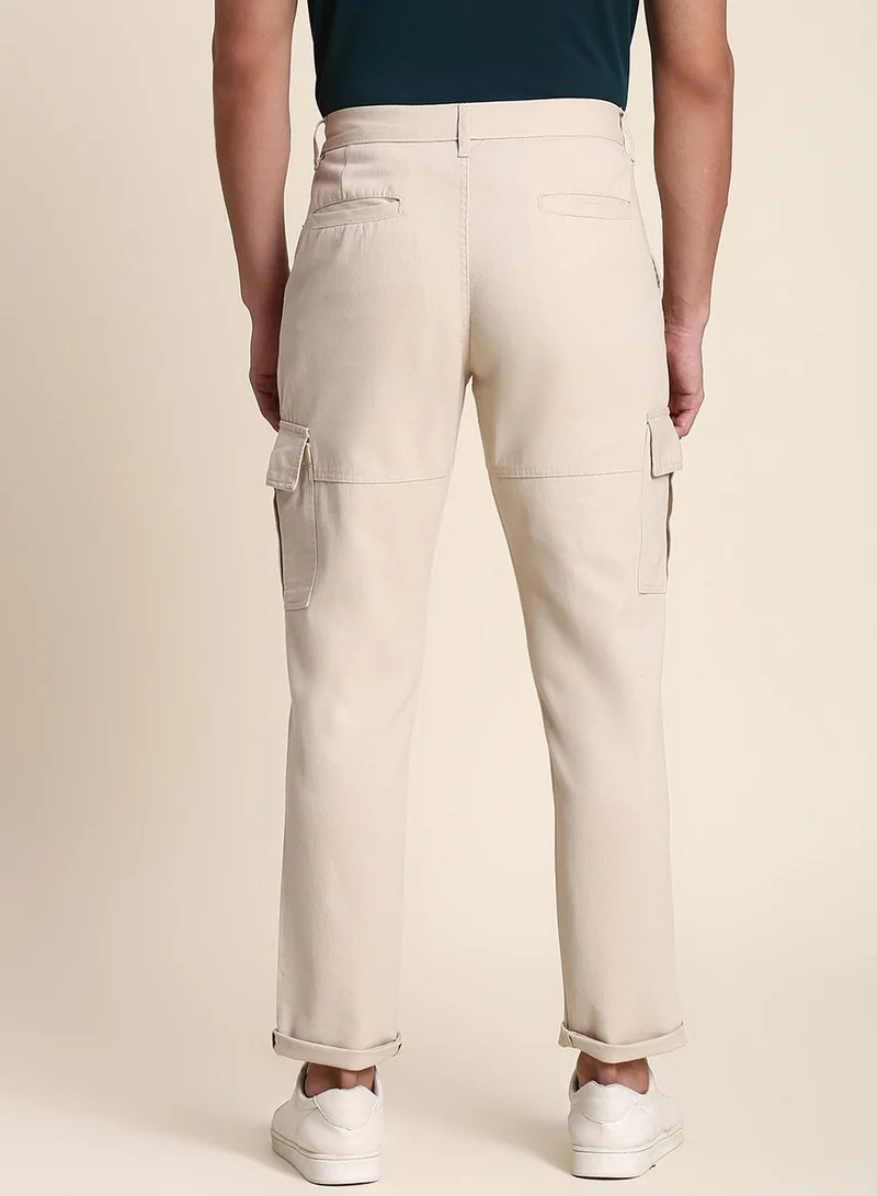 Dennis Lingo Men's Off White 100% Cotton Solid Pattern Full Length Slim Fit Trouser