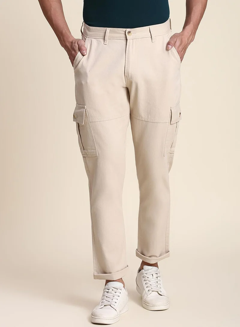Dennis Lingo Men's Off White 100% Cotton Solid Pattern Full Length Slim Fit Trouser
