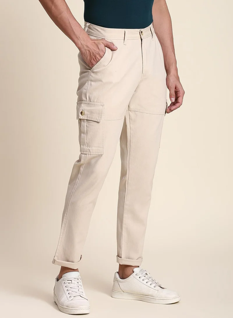 Dennis Lingo Men's Off White 100% Cotton Solid Pattern Full Length Slim Fit Trouser