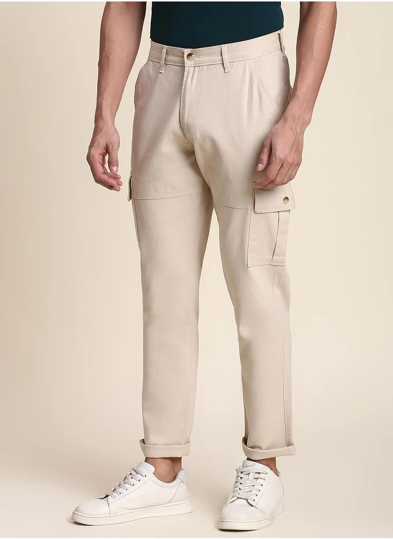 Dennis Lingo Men's Off White 100% Cotton Solid Pattern Full Length Slim Fit Trouser