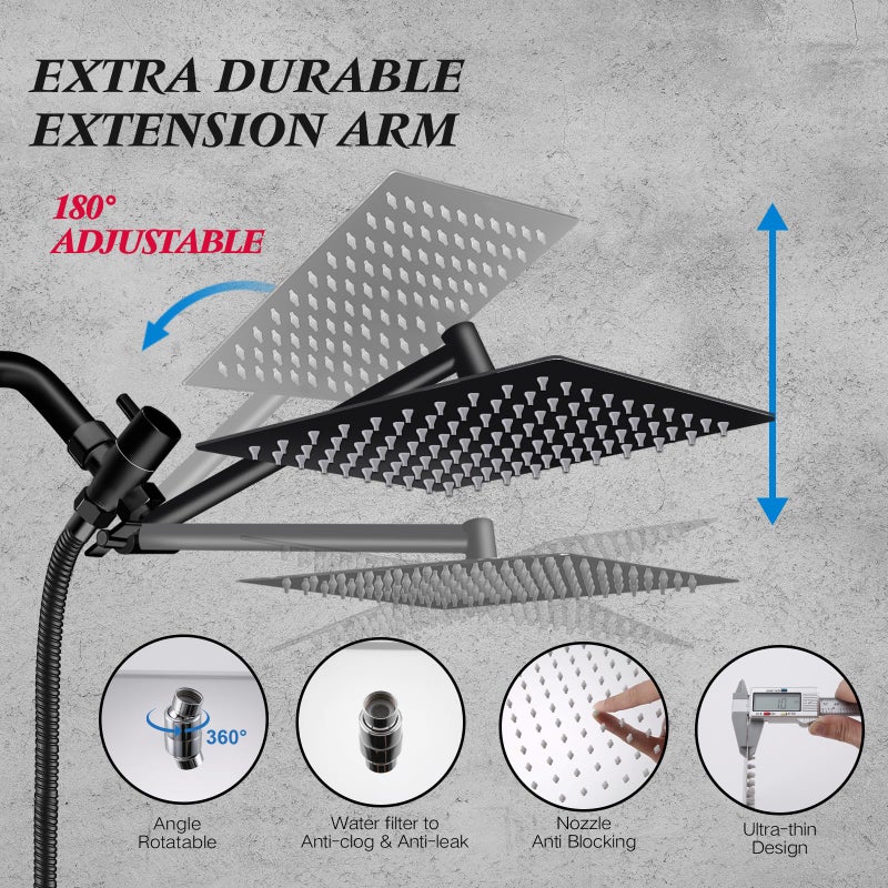 Yurnomy Shower Head,10â€Rain Shower Head with Handheld Spray Combo with 11'' Angle Adjustable Extension Arm/Flow Regulator/Shower System,High Pressure Rainfall Shower Head Clean Bathroom,Matt Black - Image 5