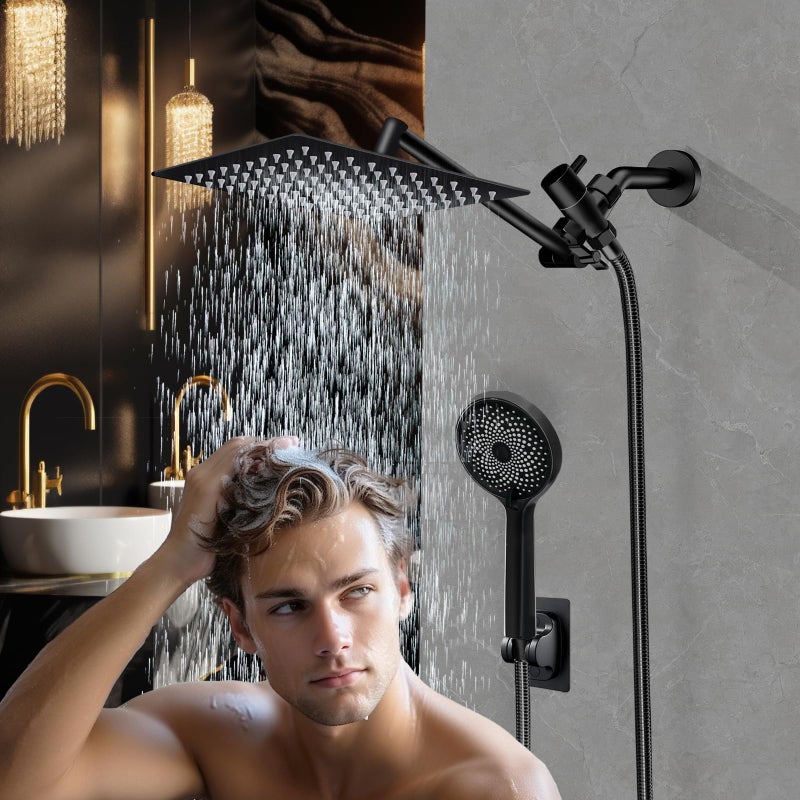 Yurnomy Shower Head,10â€Rain Shower Head with Handheld Spray Combo with 11'' Angle Adjustable Extension Arm/Flow Regulator/Shower System,High Pressure Rainfall Shower Head Clean Bathroom,Matt Black - Image 4