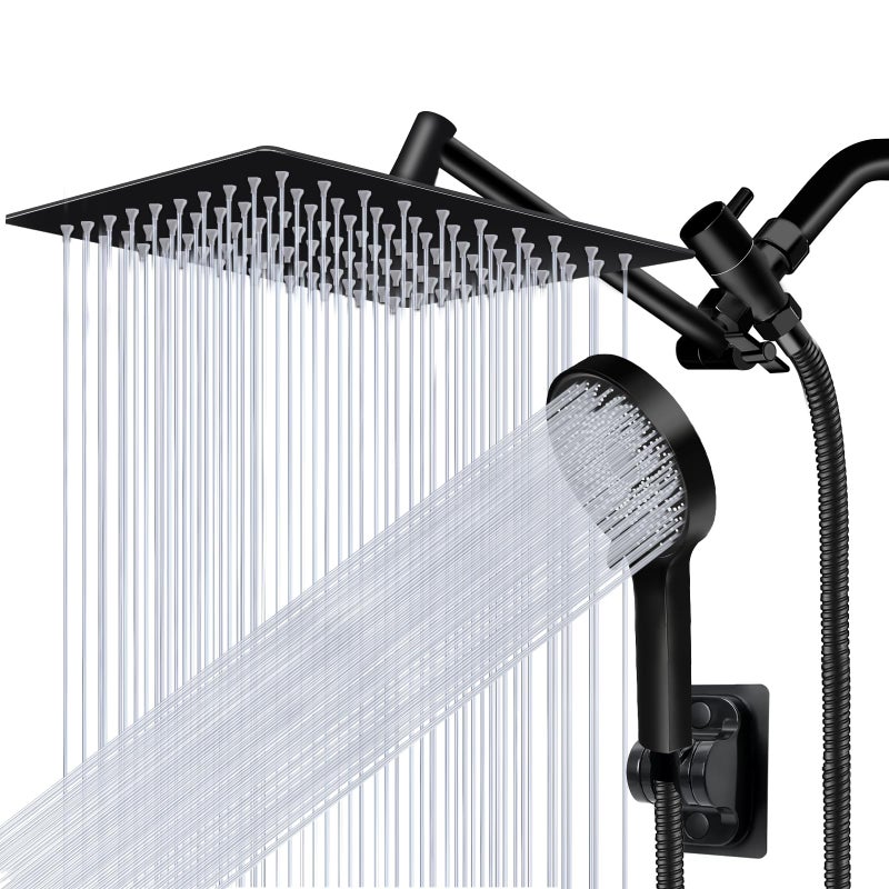 Yurnomy Shower Head,10â€Rain Shower Head with Handheld Spray Combo with 11'' Angle Adjustable Extension Arm/Flow Regulator/Shower System,High Pressure Rainfall Shower Head Clean Bathroom,Matt Black - Image 1