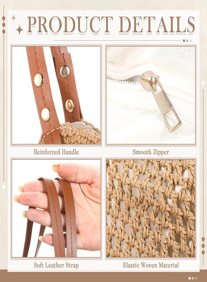 Abbylike Crochet Beach Bag with Daisy Hat Clip Women Summer Straw Shoulder Tote Bag with Zipper Soft Woven Travel Vacation(Brown) - Image 4