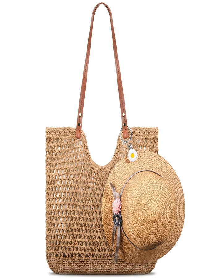 Abbylike Crochet Beach Bag with Daisy Hat Clip Women Summer Straw Shoulder Tote Bag with Zipper Soft Woven Travel Vacation(Brown) - Image 1