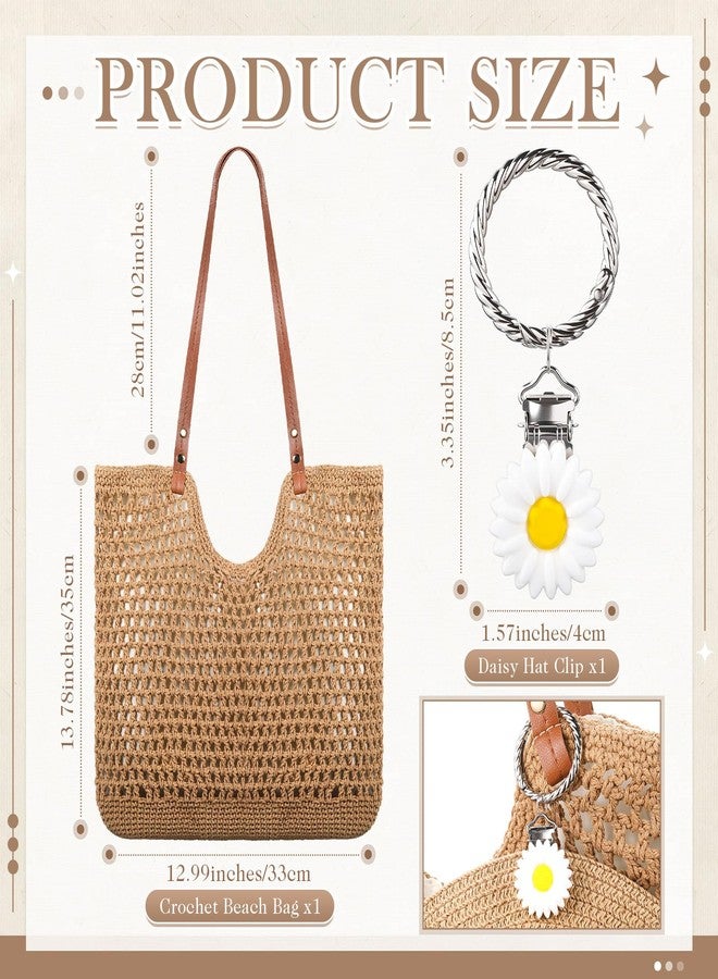Abbylike Crochet Beach Bag with Daisy Hat Clip Women Summer Straw Shoulder Tote Bag with Zipper Soft Woven Travel Vacation(Brown) - Image 3
