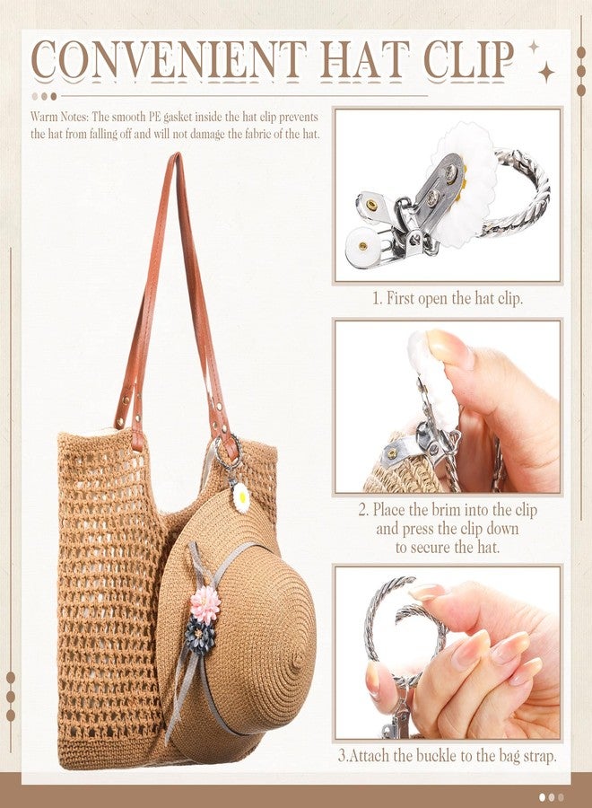 Abbylike Crochet Beach Bag with Daisy Hat Clip Women Summer Straw Shoulder Tote Bag with Zipper Soft Woven Travel Vacation(Brown) - Image 5