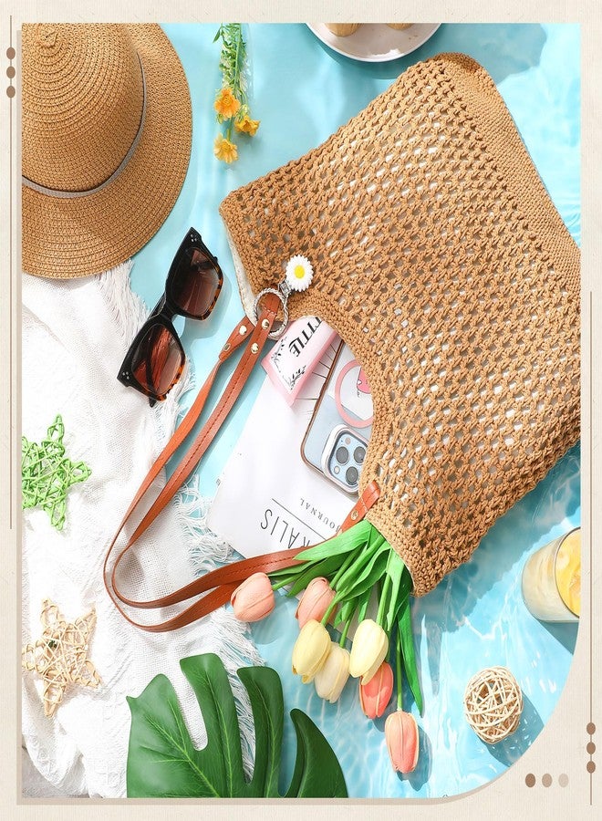 Abbylike Crochet Beach Bag with Daisy Hat Clip Women Summer Straw Shoulder Tote Bag with Zipper Soft Woven Travel Vacation(Brown) - Image 2