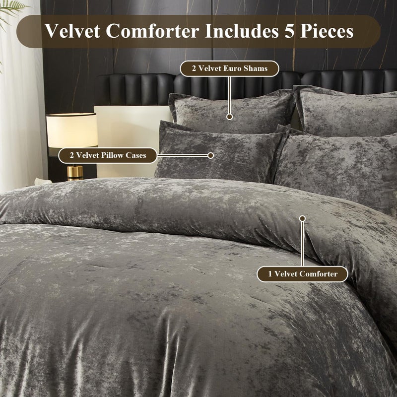 Ivellow Crushed Velvet Comforter Set Queen, Lightweight Comforter Set, 5pcs Ultra Soft Breathable Grey Comforter Set, Luxury Cozy Flannel Comforter Queen Size (1 Comforter,2 Pillow Shams, 2 Euro Shams - Image 4