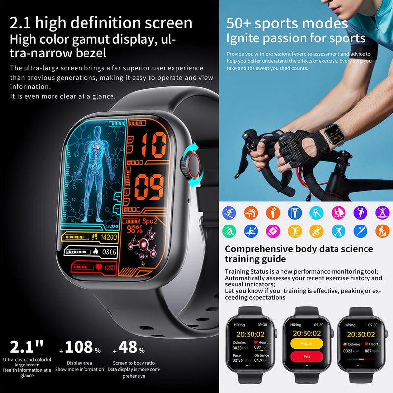 F58 Men's Women's Health Smartwatch, with 53 sports modes, a 2.1-inch full touch screen health monitor, blood sugar/blood pressure/heart rate/uric acid/blood oxygen/sleep/body temperature/HRV - Image 5