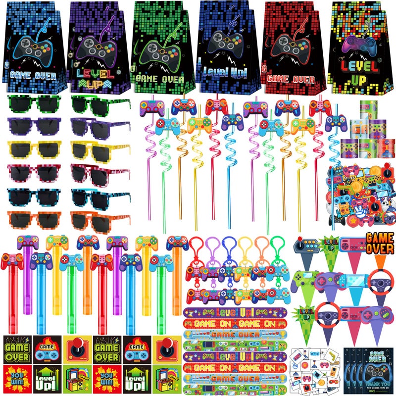 PLOUGVI 320PCS Video Game Party Favors for Kids-Including Goodie Bags, Glasses, Straws, Bubble Wands, Stickers, Cake Toppers, Tattoos & More-Perfect for Theme Party Decorations & PiÃ±ata Fillers - Image 1