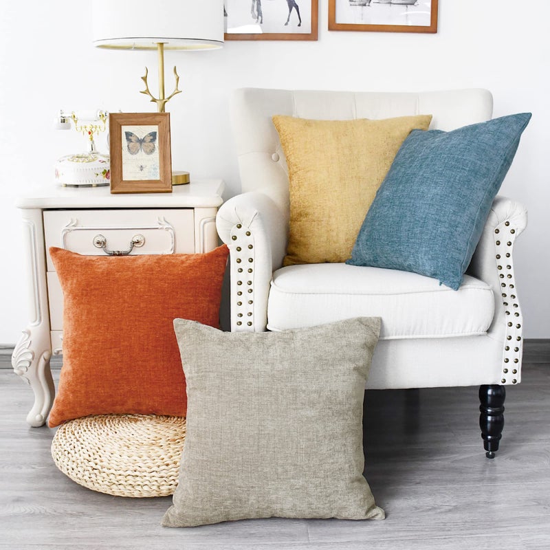 CaliTime Throw Pillow Covers Modern MultiColor Matching Cozy Soft Chenille Cushion Cases Shells for Couch Sofa Home Decor 18 X 18 Inches  Pack of 4 Gold Taupe Smoke Blue Burnt Orange