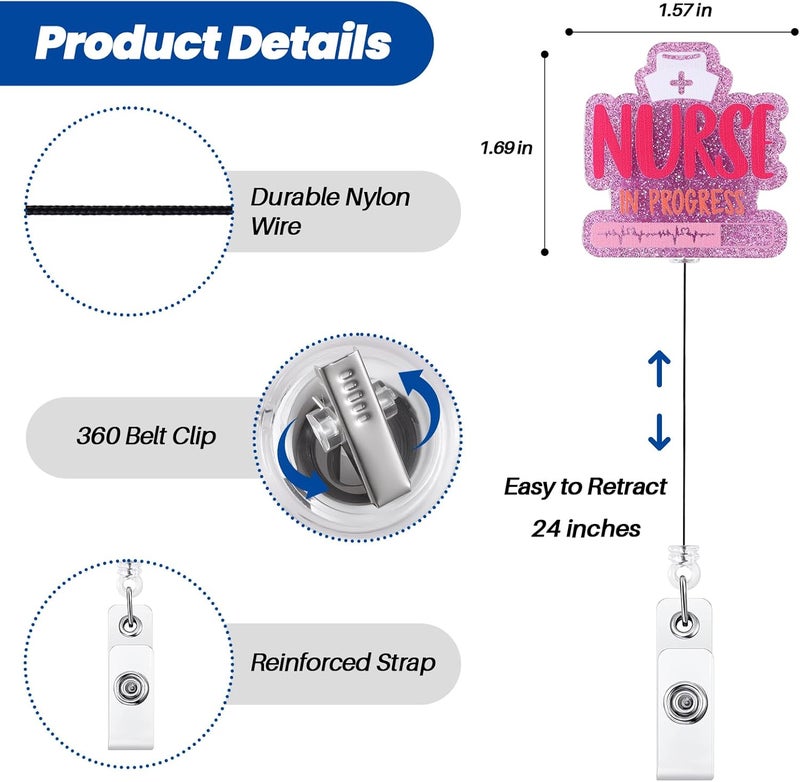 BEZTN Nurse in Progress Funny Badge Reel, Pink Retractable ID Card Badge Holder, Name Tag Work Badge Clip for ICU Night Shift RN LPN CNA MA ER Nursing Student OB/GYN L&D Doctor, Cute Nurse Gifts - Image 3