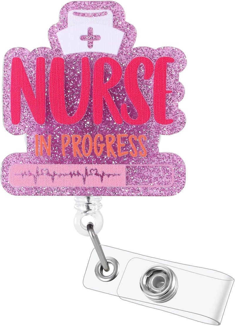 BEZTN Nurse in Progress Funny Badge Reel, Pink Retractable ID Card Badge Holder, Name Tag Work Badge Clip for ICU Night Shift RN LPN CNA MA ER Nursing Student OB/GYN L&D Doctor, Cute Nurse Gifts - Image 1