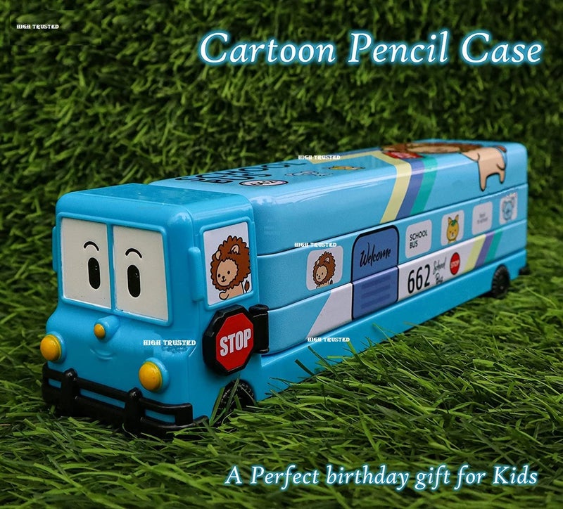 HIGH TRUSTED 2 In 1 Modern Cartoon Printed School Bus Shaped Pencil Compass Box With Wheels And Sharpener Metal Box Ideal For Kids And Childrens (Blue) - Image 4