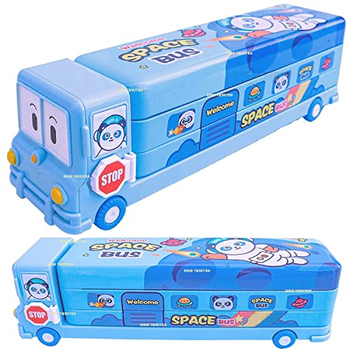HIGH TRUSTED 2 In 1 Modern Cartoon Printed School Bus Shaped Pencil Compass Box With Wheels And Sharpener Metal Box Ideal For Kids And Childrens (Blue) - Image 3