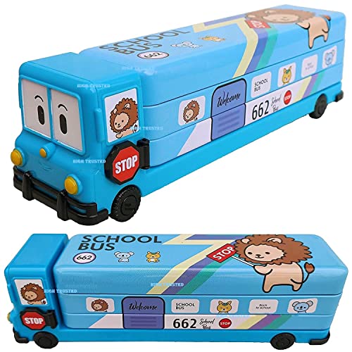 HIGH TRUSTED 2 In 1 Modern Cartoon Printed School Bus Shaped Pencil Compass Box With Wheels And Sharpener Metal Box Ideal For Kids And Childrens (Blue) - Image 1