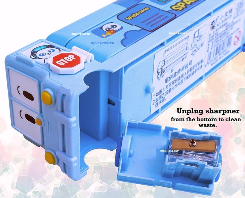 HIGH TRUSTED 2 In 1 Modern Cartoon Printed School Bus Shaped Pencil Compass Box With Wheels And Sharpener Metal Box Ideal For Kids And Childrens (Blue) - Image 5
