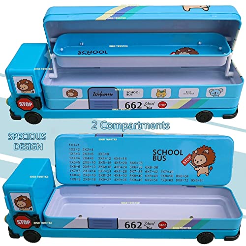 HIGH TRUSTED 2 In 1 Modern Cartoon Printed School Bus Shaped Pencil Compass Box With Wheels And Sharpener Metal Box Ideal For Kids And Childrens (Blue) - Image 2