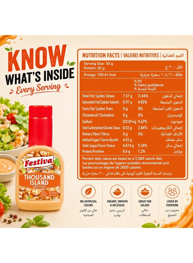 Festiva Thousand Island Dressing 237ml - Creamy Salad Dressing and Sandwich Spread for Burgers, Wraps and Snacks - Dip and Dressing Sauce - Image 1