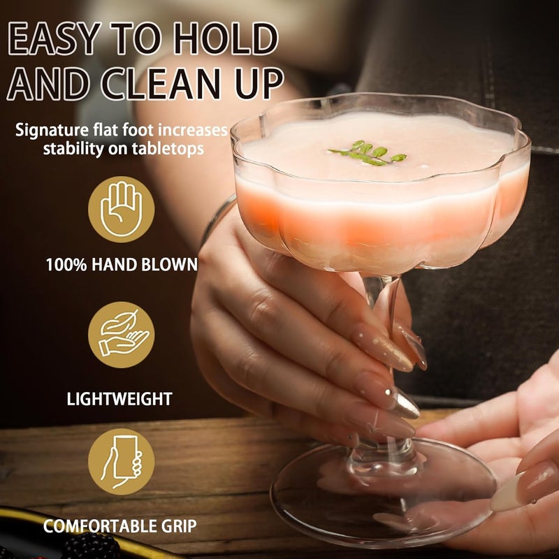 wookgreat كؤوس كوبيه فنية عتيقة مجموعة من 6 كؤوس كوكتيل مزهرة 65 أونصة كؤوس مارتيني كلاسيكية مصنوعة يدويًا كؤوس مانهاتن بار لمارتيني كوزموبوليتان جيمليت بيزكو ساور - Image 3