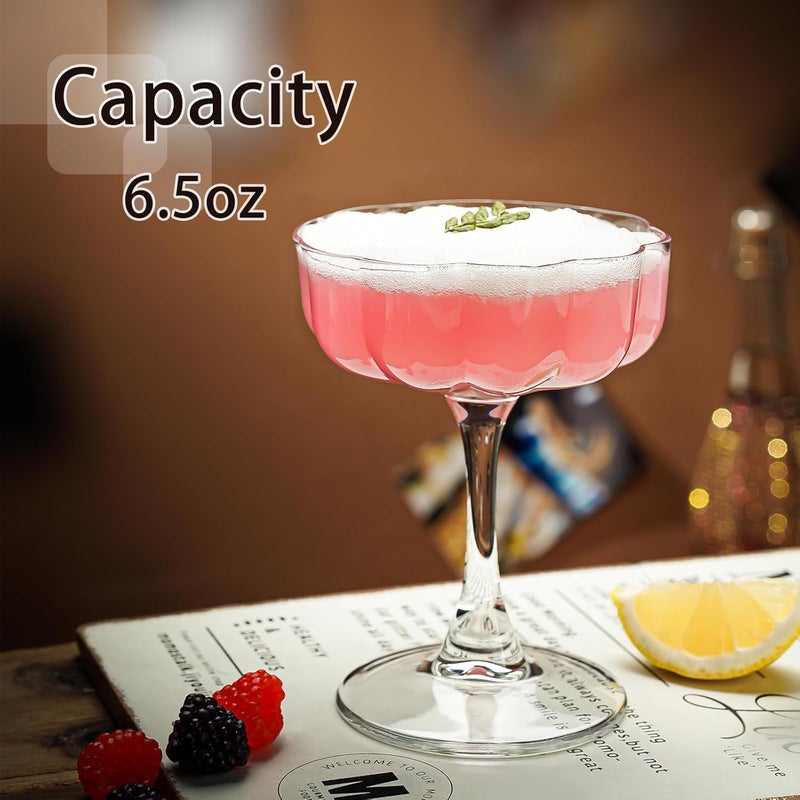 wookgreat كؤوس كوبيه فنية عتيقة مجموعة من 6 كؤوس كوكتيل مزهرة 65 أونصة كؤوس مارتيني كلاسيكية مصنوعة يدويًا كؤوس مانهاتن بار لمارتيني كوزموبوليتان جيمليت بيزكو ساور - Image 2