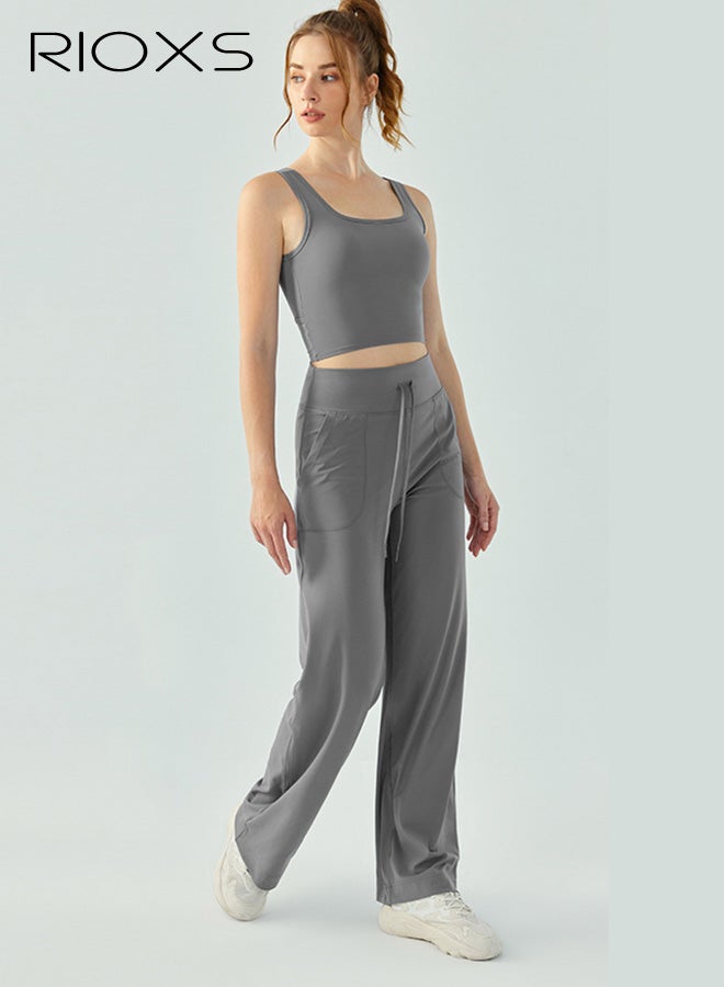 RIOXS Womens Cross Back Sports Bras, Breathable Push Up Strappy Square Neck Workout Crop Tank Top with Built in Pads, Stretch Medium Support Workout Yoga Bras for Running Hiking Riding, Gray - Image 4