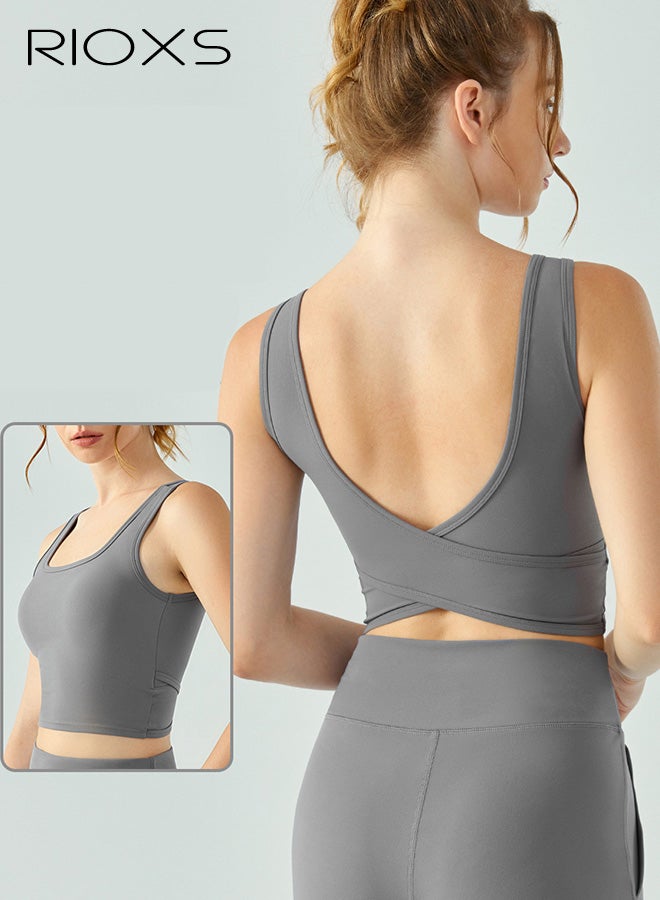 RIOXS Womens Cross Back Sports Bras, Breathable Push Up Strappy Square Neck Workout Crop Tank Top with Built in Pads, Stretch Medium Support Workout Yoga Bras for Running Hiking Riding, Gray - Image 3