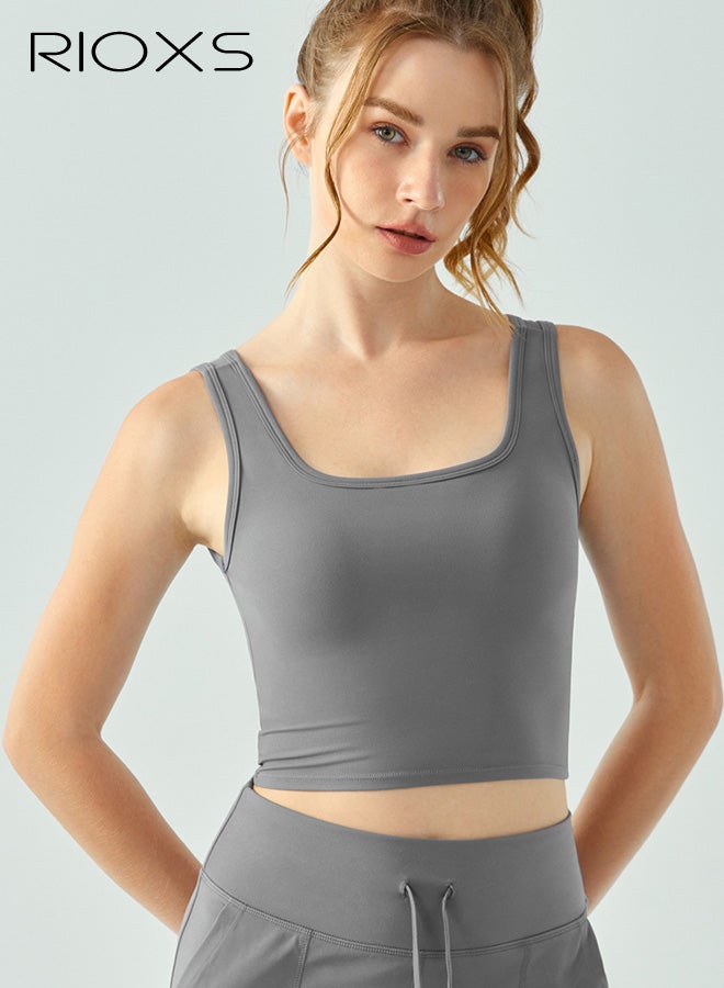 RIOXS Womens Cross Back Sports Bras, Breathable Push Up Strappy Square Neck Workout Crop Tank Top with Built in Pads, Stretch Medium Support Workout Yoga Bras for Running Hiking Riding, Gray - Image 1